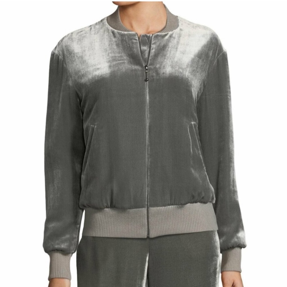 SOLD - ST. JOHN COLLECTION TRAVERTINE GREY VELVET BOMBER JACKET SZ L